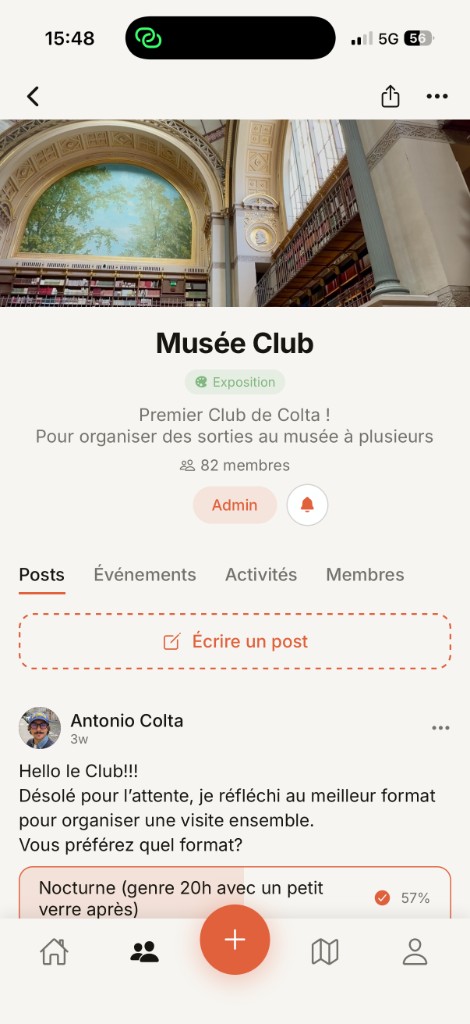 The Musée Club page in Colta with posts, a poll and 82 members