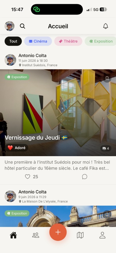 Colta home feed showing a logged exhibition, with filters for Cinéma, Théâtre and Exposition