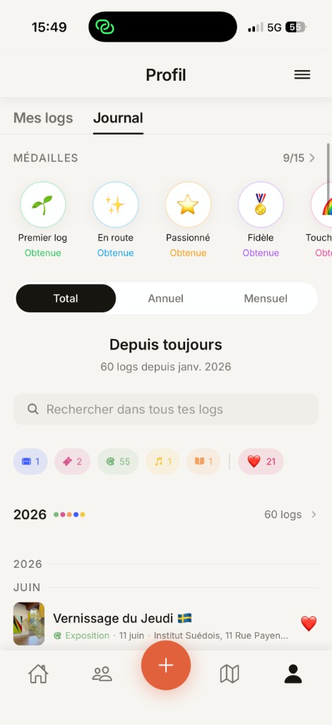 The Colta journal showing 9 of 15 medals earned and total, yearly and monthly log stats