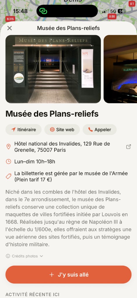 Museum detail sheet for the Musée des Plans-reliefs with photos, hours, address and a J'y suis allé button
