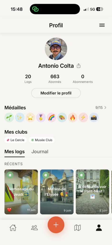 A Colta profile showing logs, medals, clubs and a grid of recent cultural outings
